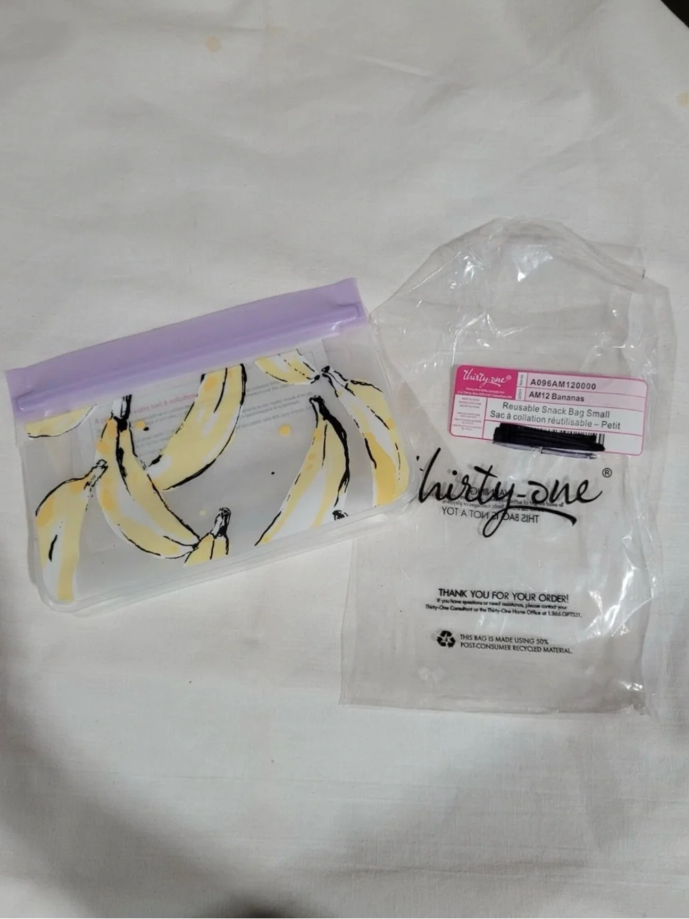 Thirty-one Clear Banana Print Cosmetic Pouch with Lavender Top